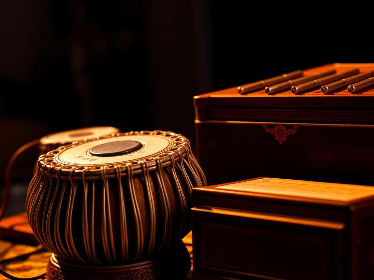 Tabla and harmonium in warm light