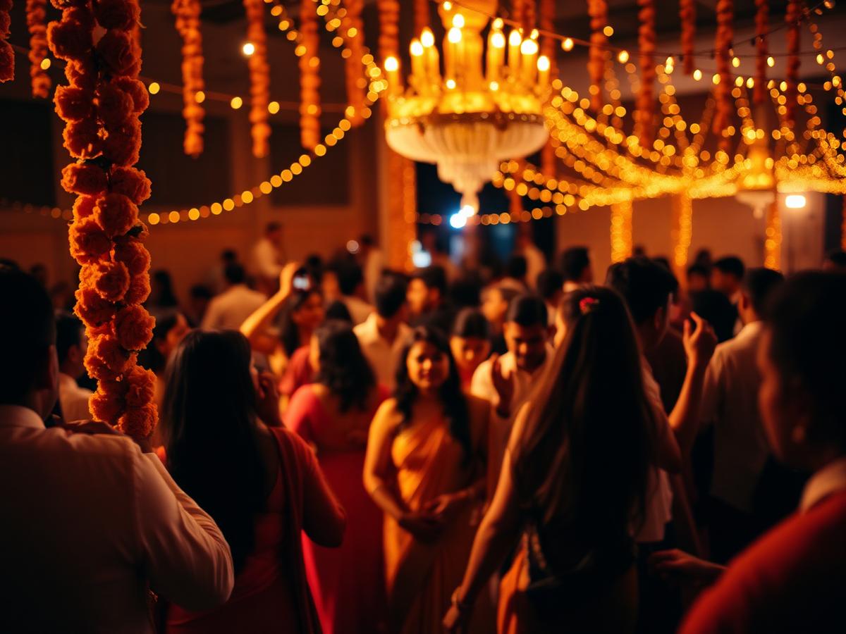 Marigolds and string lights at an evening celebration
