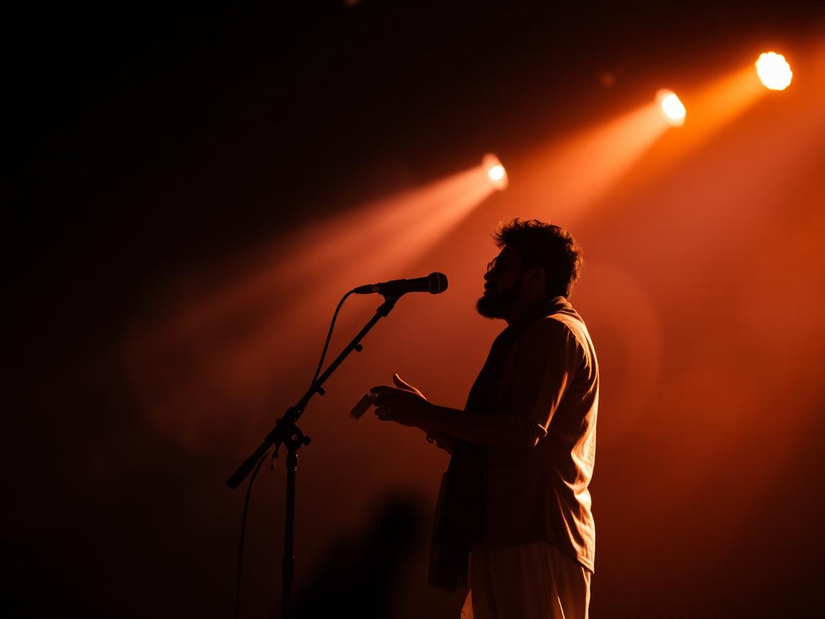 Singer performing on a softly lit stage